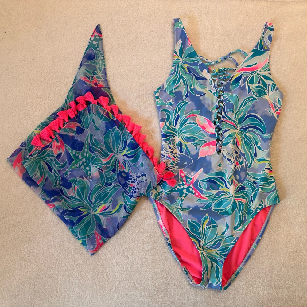 Lilly Pulitzer Isle Lattice Swim in Bennett Blue Celestial Seas + Sarong